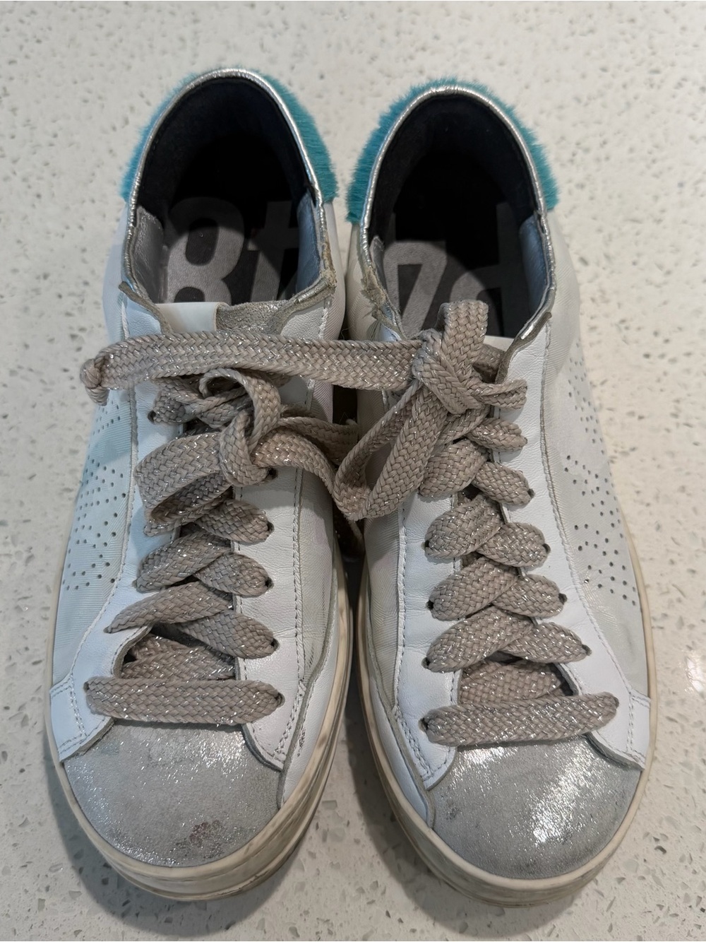 White Leather Women's Sneakers with Silver Toe and Turquoise Faux fur Heel Trim